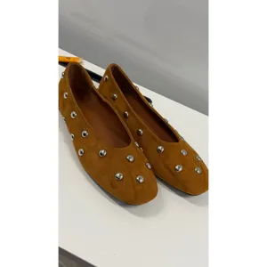 Tan Suede Silver Domed Studded Ballet Flats Almond Toe Slip On Shoes Size 10 thumbnail 7