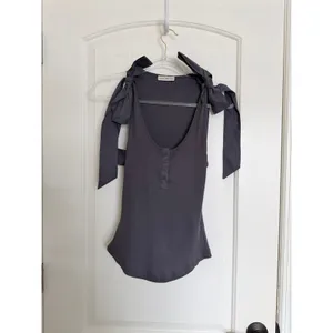 Ulla Johnson Tank Top Women P Grey Ribbed Cotton Tie Shoulder Henley Scoop Neck‎ thumbnail 6