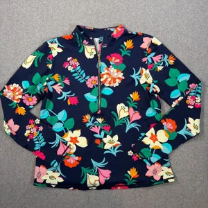 LOFT Women's Large Navy Blue Floral Long Sleeve 1/4 Zip Rash Guard Swim Top thumbnail 1