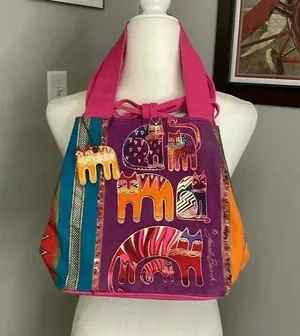 Laurel Burch Colorful Cat Purse Tote Bag Pink Feline Cat Lover Artsy Funky thumbnail 1