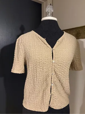 Mango Beige Textured Short-Sleeve Button Cardigan with Mother of Pearl Buttons thumbnail 2