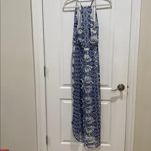 Lulu’s LUSH Floral Blue and White surplus waist midi Dress size Medium thumbnail 5