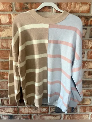 Women's Two-Tone Striped Crewneck Sweater - Beige & Light Blue thumbnail 1