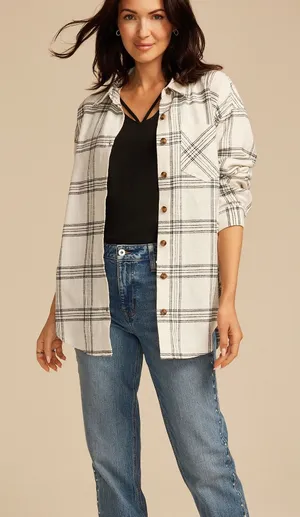 Maurices Cabin Plaid Boyfriend Button Down Shirt White Black Oversized thumbnail 1