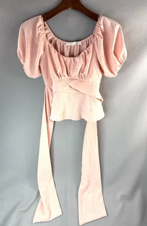 Altar'd State S Balletcore Blush Pink Puff Sleeve Wrap Crop Top thumbnail 1