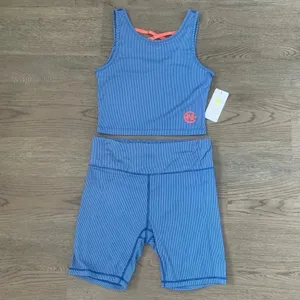 Nautica Blue Ribbed Biker Short Set Crop Top‎ Athleisure Gym Pilates Size M NWT thumbnail 3