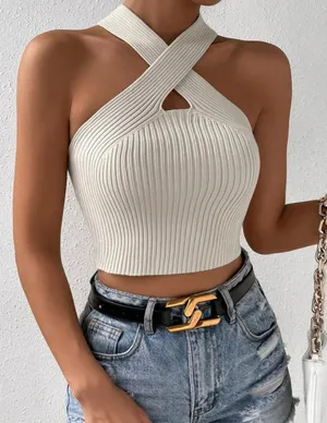 SheIn Crisscross Halter Knit Top thumbnail 1