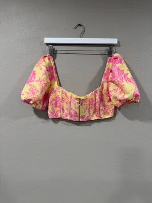 White Fox Yellow & Pink Floral Puff Sleeve Crop Top thumbnail 2