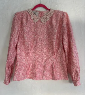 Vintage Jonathan Martin Pink Floral Lace Collar‎ Blouse Cotton Victorian Top 14 thumbnail 1