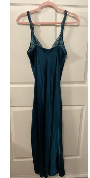 Vintage Victoria’s Secret Gold Label Satin Lace Teal Slip Side Slit Gown, M thumbnail 6