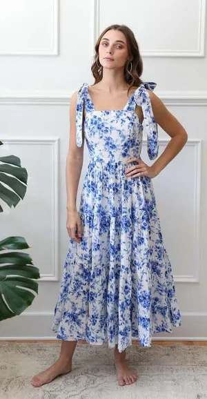 Abercrombie Mille Daphne maxi dress ruffle tiered midi bows cotton floral print tie straps thumbnail 1