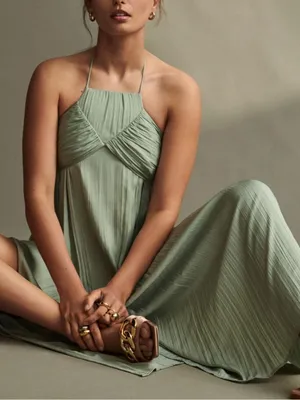 Anthropologie Women’s Halter Neck Tie Back Flowy Maxi Dress Sage Green Size M thumbnail 13