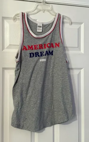 PINK Victoria's Secret Gray Tank red & white is a size Large. thumbnail 1