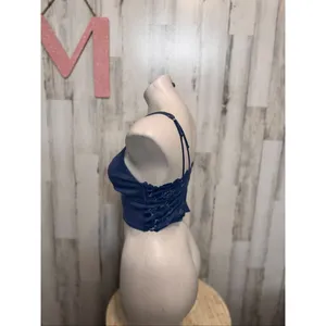 Blue Ribbed Lace Back Bralette Crop Top Medium Blue thumbnail 3