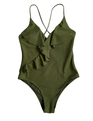 Cupshe One Piece Ruffle Wrap Swimsuit Women’s Size XL Textured Green Summer thumbnail 2