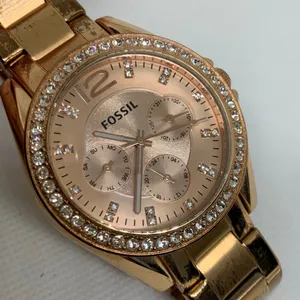 Fossil women watch ES-2811 day date hours rose gold tone 38mm size 6.5” running thumbnail 2