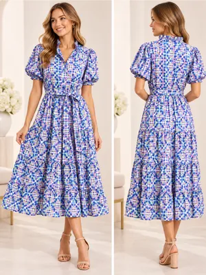 SSYS Athena Puff Sleeve Belted Midi Dress Womens Large Blue Geometric NWOT thumbnail 2