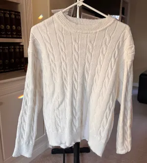Women's White Cable Crewneck Sweater thumbnail 1