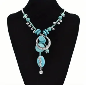 Blue and silver beaded necklace with turquoise stones thumbnail 1