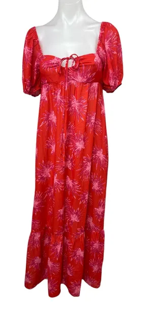 NEW 4SI3NNAI Floral Smocked Short Puff Sleeve Square Neck Maxi A-Line Dress S thumbnail 1