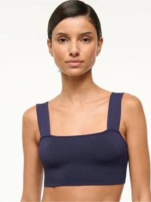 Staud Zola Knit Crop Top Navy Blue & White Embroidered Logo Size Small thumbnail 1