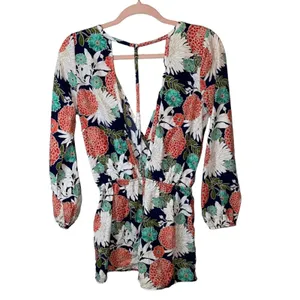Oober Swank Floral‎ Romper Small Long Sleeve Surplice V Neck Navy Boho Women's thumbnail 3