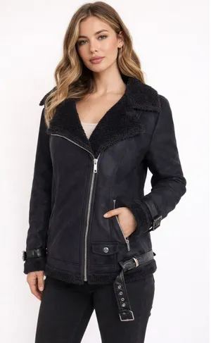 Max Edition Women's Faux Shearling Moto Oversized Biker coat in black. Size L thumbnail 1