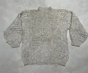 Blarney Woollen Mills Aran Knit Sweater Cream Pure Wool Ireland Women's SZ L thumbnail 1