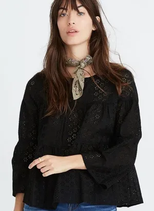 Madewell Women's Black Cotton Eyelet Tiered Back Button Top Size S thumbnail 1