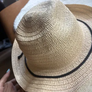 Woven Straw Sun Hat Tan Wide Brim Floppy Summer Beach Hat Black Cord Accent thumbnail 5