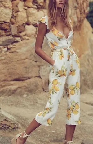 For‎ Love And Lemons Lemon Print Limonada Tie Waist Jumpsuit size Small thumbnail 1