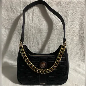 Aldo Black Textured Faux Leather Shoulder Bag Chunky Chain Detail and Lion Logo thumbnail 2