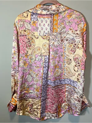 Zara Flowy Satin Button Down‎ Shirt Floral Paisley New Pink Small thumbnail 9