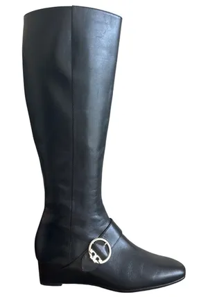Tory Burch Moto Wrap Wedge Riding Boots Black Leather Gold Logo Size 8 thumbnail 1