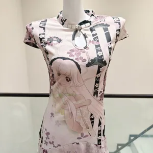 Women Anime Print Short Qipao Dress Mandarin Collar Cap Sleeve Keyhole Neck Ruffle Hem Slim Fit thumbnail 2