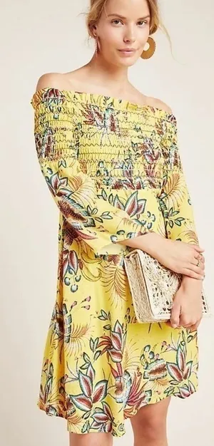 Farm‎ Rio Dress Bria Smocked Mini Floral Off-Shoulder Yellow Multi XS EUC thumbnail 1
