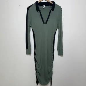 Anthropologie Daily Practice Women Dress L‎ Green Ribbed Ruched Polo Colorblock thumbnail 4