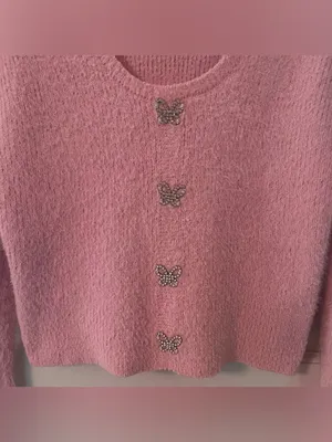 Pink Fuzzy Rhinestone Butterfly Button Long Sleeve Sweater thumbnail 9