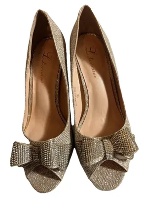 Lauren Lorraine Gold Pump Heels Bow Glitter Peep Toe Slip On Size 9 thumbnail 3