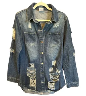 Women’s Jean Jacket distressed denim rhinestone Rise design on back Size M NWOT thumbnail 1