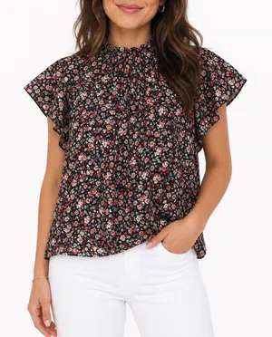 SHEIN Black Floral Mock Neck Flutter Sleeve Blouse Large thumbnail 1