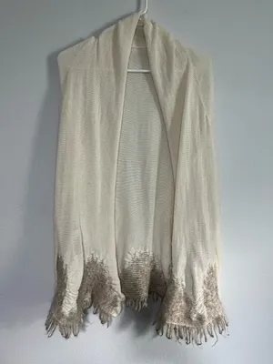 Anthropology Moth Cream Fringe Open-Front Knit Cardigan Sweater thumbnail 3