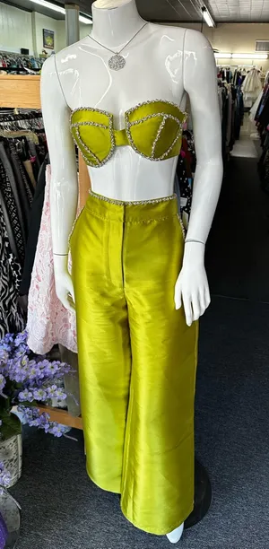 Nasty Gal diamanté Embellished size 6 top & size 8 wide leg pantsChartreuse thumbnail 1