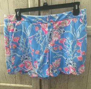Lilly Pulitzer Blue Floral Scallop-Hem High-Waist Shorts thumbnail 1