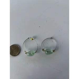 Vintage Hoop Earrings Green Stone‎ Glass Bead Boho Artisan Jewelry thumbnail 2