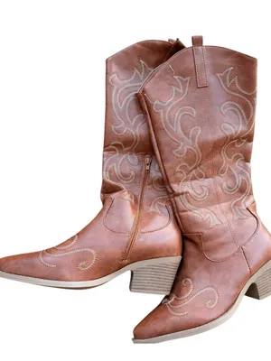Western-Style Brown faux leather Cowboy Boots With Embroidered Design Side Zippe thumbnail 5