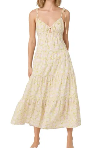 NWOT ASTR The Label Tie Strap Tiered Maxi Dress Size Large Green Pink Floral thumbnail 1