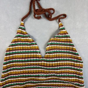 Wild Fable Striped Crochet Halter Top Brown Green Mustard Pink Large Boho thumbnail 1