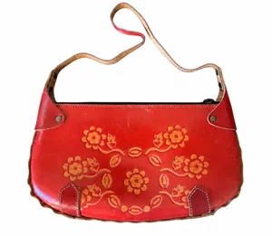 Red Embossed Floral Leather Shoulder Bag Artisan Boho Purse thumbnail 1