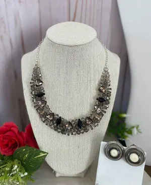 Silver Rhinestone and black rhinestone cluster necklace and earring set thumbnail 1